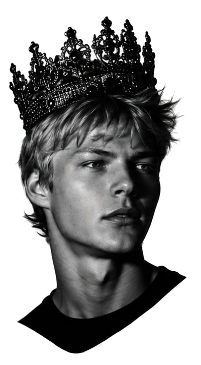Black-and-white portrait of Will Purvis wearing a jewelled crown
